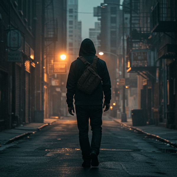 Person walking through an urban alley at dusk with calm awareness, ready for urban survival challenges
