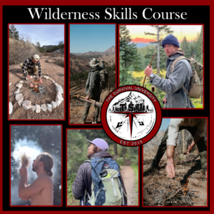 Collage of scenes from The Survival University’s Wilderness Skills Course. Participants are shown fire-starting with natural materials, hiking through remote terrain, carrying traditional bows, cooking over open flames, and practicing primitive bushcraft techniques. Center logo displays 'The Survival University – EST. 2015' with the title 'Wilderness Skills Course' at the top.